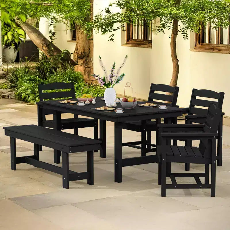 Hyleory 6pc HDPE Outdoor Dining Set with Rectangular Table & Umbrella Hole, Bench and Armchairs