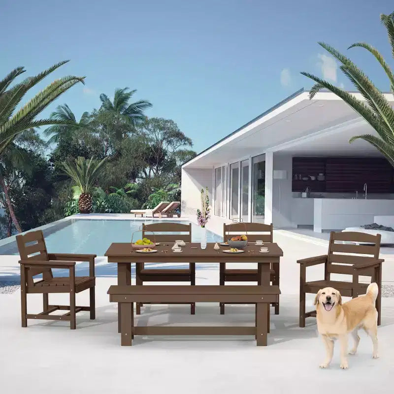 Hyleory 6pc HDPE Outdoor Dining Set with Rectangular Table & Umbrella Hole, Bench and Armchairs