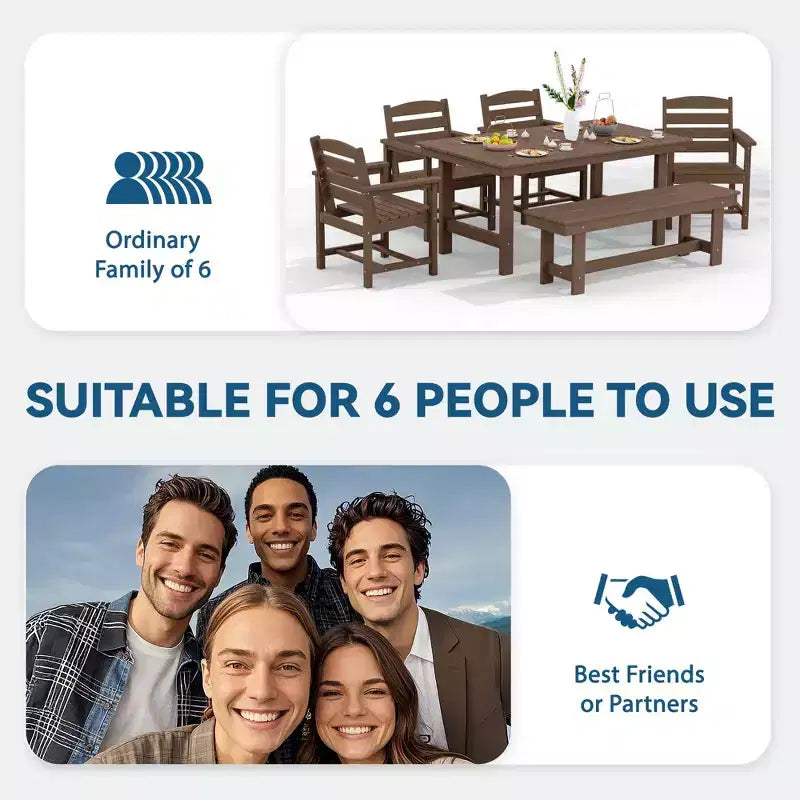 Hyleory 6pc HDPE Outdoor Dining Set with Rectangular Table & Umbrella Hole, Bench and Armchairs