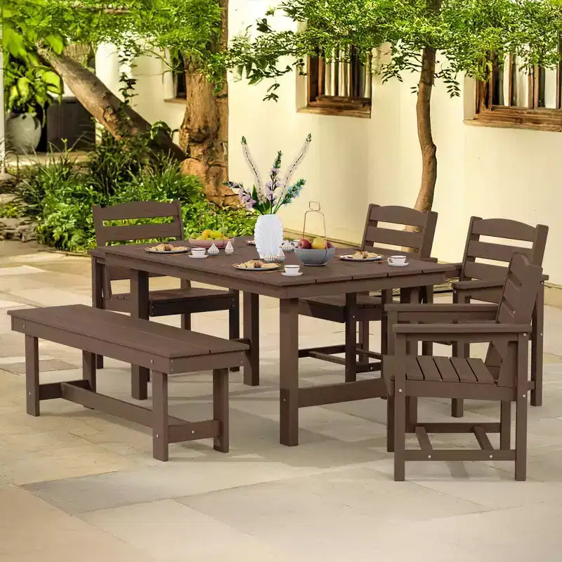 Hyleory 6pc HDPE Outdoor Dining Set with Rectangular Table & Umbrella Hole, Bench and Armchairs
