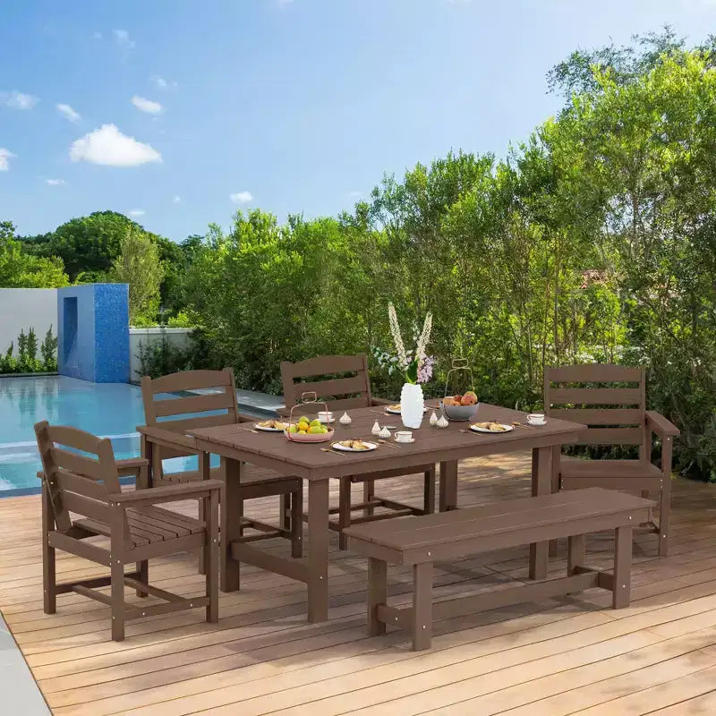 Hyleory 6pc HDPE Outdoor Dining Set with Rectangular Table & Umbrella Hole, Bench and Armchairs
