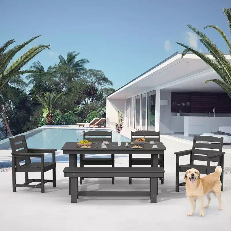 Hyleory 6pc HDPE Outdoor Dining Set with Rectangular Table & Umbrella Hole, Bench and Armchairs