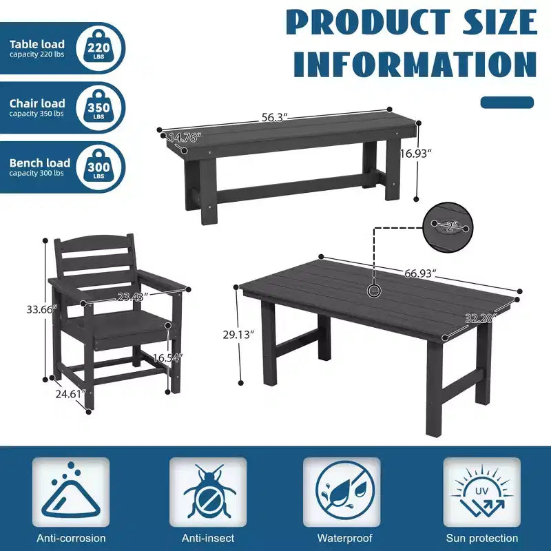 Hyleory 6pc HDPE Outdoor Dining Set with Rectangular Table & Umbrella Hole, Bench and Armchairs
