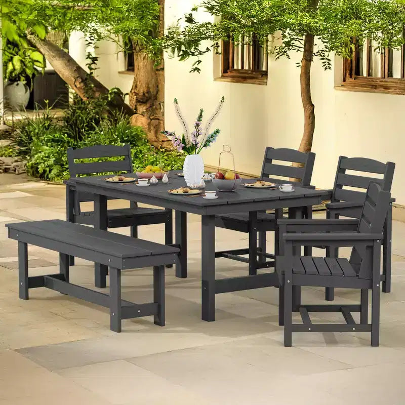 Hyleory 6pc HDPE Outdoor Dining Set with Rectangular Table & Umbrella Hole, Bench and Armchairs