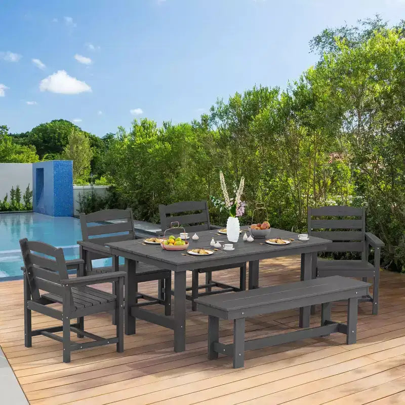 Hyleory 6pc HDPE Outdoor Dining Set with Rectangular Table & Umbrella Hole, Bench and Armchairs