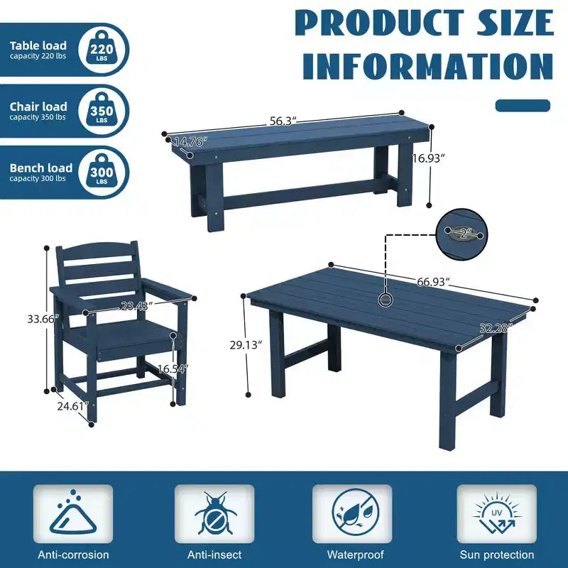 Hyleory 6pc HDPE Outdoor Dining Set with Rectangular Table & Umbrella Hole, Bench and Armchairs