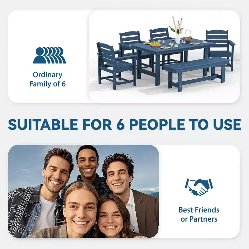 Hyleory 6pc HDPE Outdoor Dining Set with Rectangular Table & Umbrella Hole, Bench and Armchairs