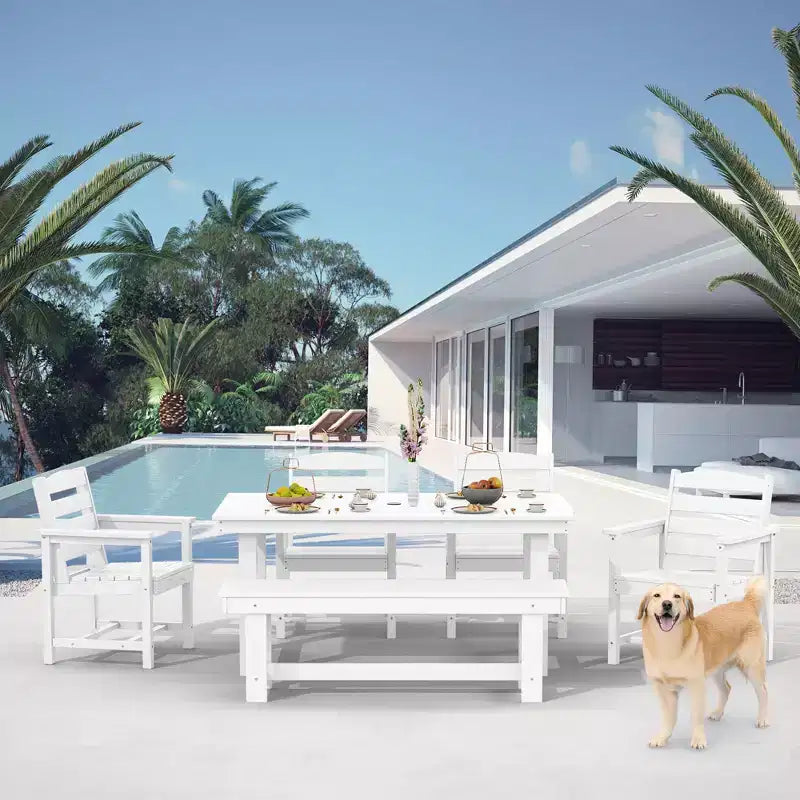 Hyleory 6pc HDPE Outdoor Dining Set with Rectangular Table & Umbrella Hole, Bench and Armchairs