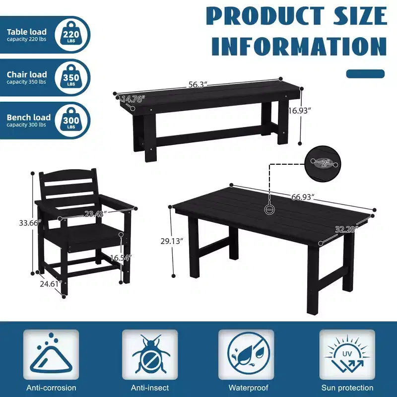 Hyleory 6pc HDPE Outdoor Dining Set with Rectangular Table & Umbrella Hole, Bench and Armchairs