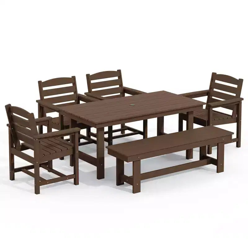 Hyleory 6pc HDPE Outdoor Dining Set with Rectangular Table & Umbrella Hole, Bench and Armchairs