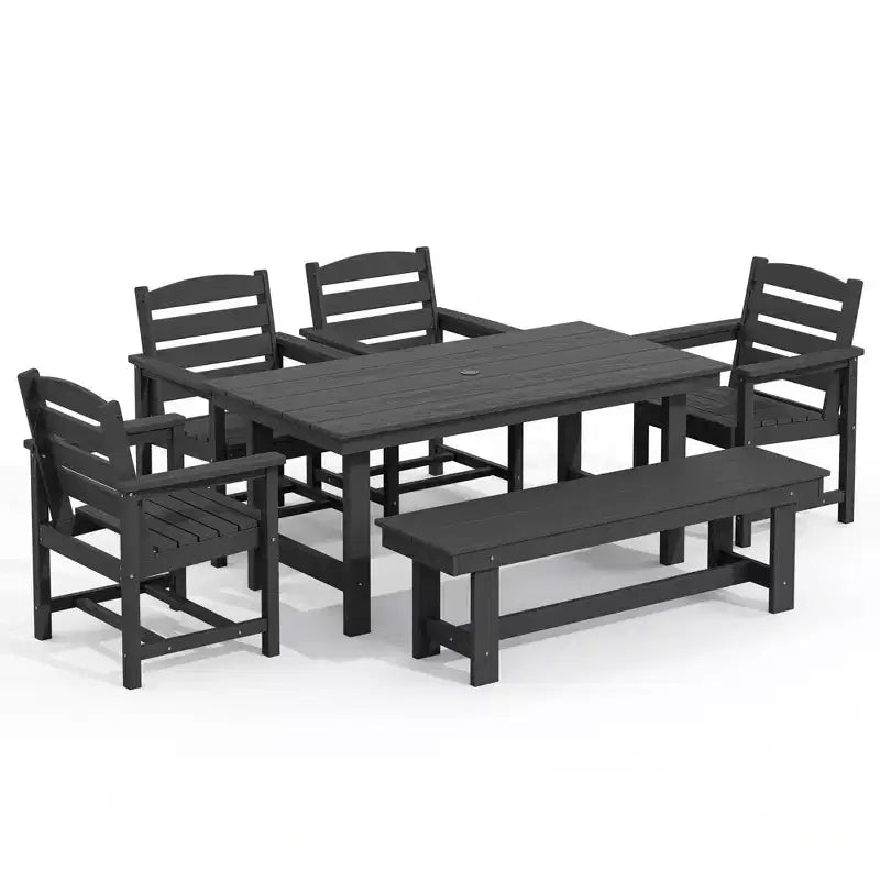 Hyleory 6pc HDPE Outdoor Dining Set with Rectangular Table & Umbrella Hole, Bench and Armchairs