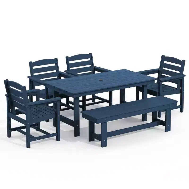 Hyleory 6pc HDPE Outdoor Dining Set with Rectangular Table & Umbrella Hole, Bench and Armchairs