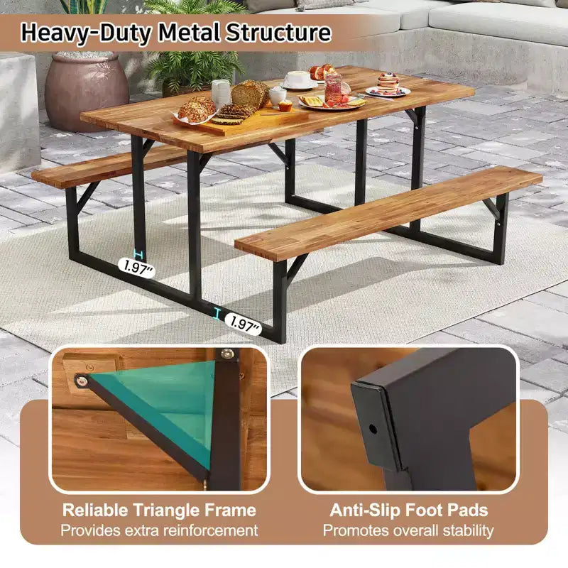 Costway 6-Person Acacia Wood Picnic Table with 2 Built-In Benches Umbrella Hole Metal Frame