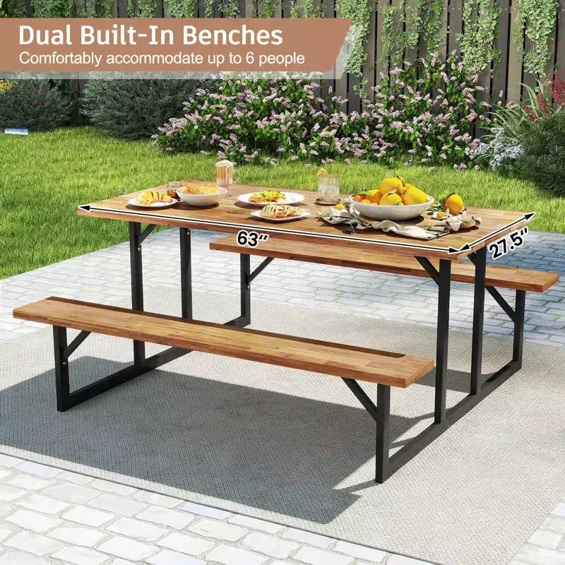 Costway 6-Person Acacia Wood Picnic Table with 2 Built-In Benches Umbrella Hole Metal Frame