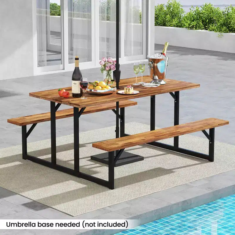 Costway 6-Person Acacia Wood Picnic Table with 2 Built-In Benches Umbrella Hole Metal Frame