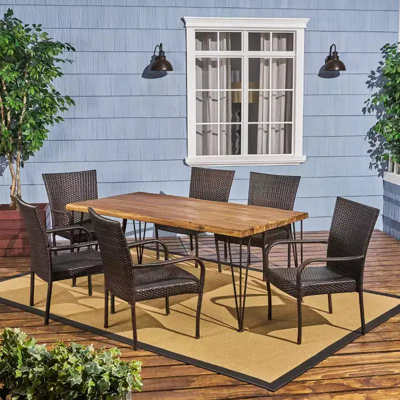 Ensemble de salle à manger GDFStudio Dalupiri de 7 pièces en osier et bois d'acacia pour extérieur