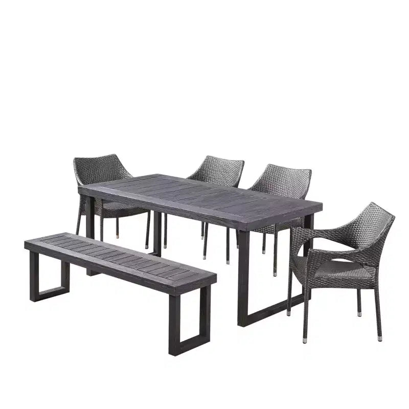 Christopher Knight Home Nelly 6 Piece Outdoor Acacia Wood Dining Set with Stackable Wicker Chairs and Bench