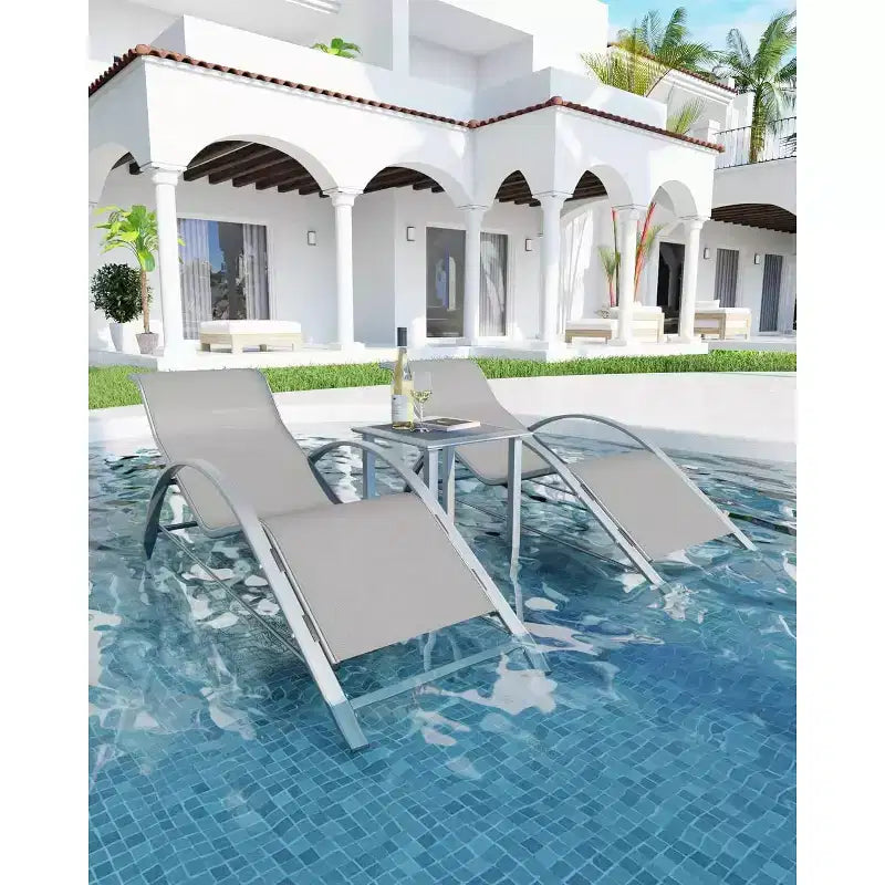 Patio Chaise Lounge Set of 3, Outdoor Pool/Beach Sunbathing Lawn Lounger with Arm & Side Table, for Poolside, Backyard
