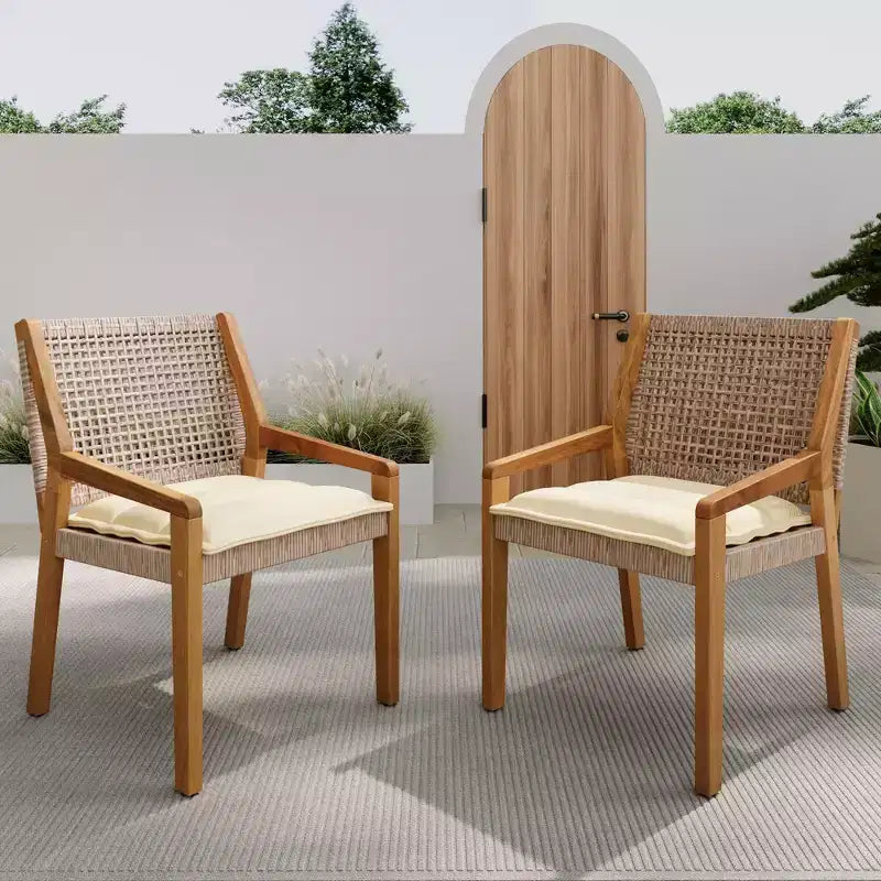 NAYSAYE Patio Dining Sets Outdoor Acacia Wood Wicker Dining Chairs with Cushions for Garden Patio, Brown and Teak, 23.5*21.25*32