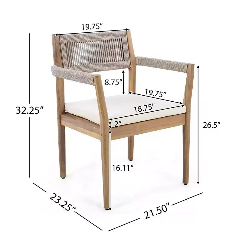 NAYSAYE Patio Dining Sets Braided Acacia Wood Dining Chairs with Cushions and Armrests for Garden Poolside, Teak and Beige, 23.25*21.5*32.25