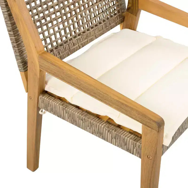 NAYSAYE Patio Dining Sets Outdoor Acacia Wood Table with Wicker Chairs and Cushions for Garden Patio, Brown and Cream, 23.5*21.25*32