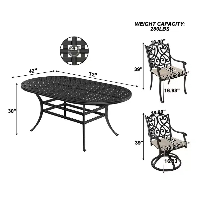Mondawe Ensemble de salle à manger d'extérieur 7 pièces en aluminium moulé avec 4 chaises de salle à manger et 2 fauteuils à bascule pivotants
