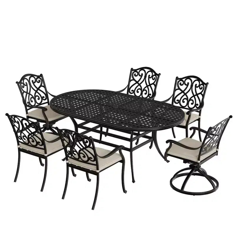 Mondawe 7 Pieces Cast Aluminum Outdoor Table Dining Set with 4 Dining Chairs & 2 Swivel Rockers