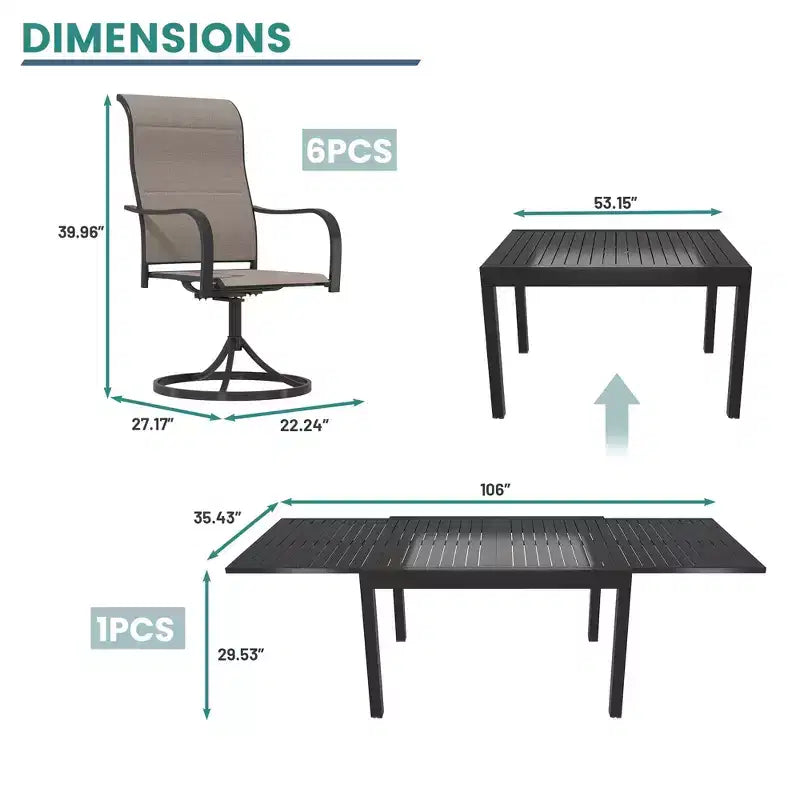 Mondawe 7-Piece Outdoor Patio Dining Set,With 1 Piece Extendable Rectangle Table and 6 Piece 360 Degree Swivel Chair
