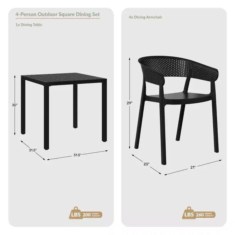 Ensemble de salle à manger d'extérieur carré 5 pièces Playa de WestinTrends, avec table à cadre métallique et chaises de salle à manger empilables pour patio