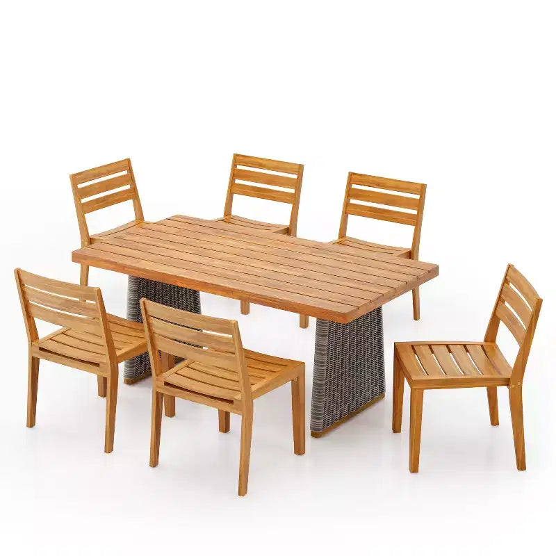 Christopher Knight Home Penelope Rustic 7 Piece Outdoor Acacia Wood Slatted Dining Set with Rattan Table