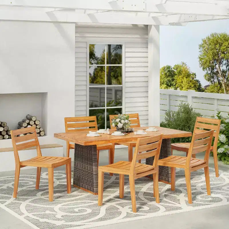 Christopher Knight Home Penelope Rustic 7 Piece Outdoor Acacia Wood Slatted Dining Set with Rattan Table