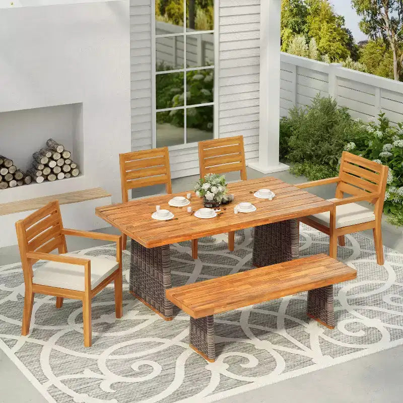 Christopher Knight Home Juliette Rustic 7 Piece Outdoor Rattan Acacia Wood Slatted Dining Set with Cushions