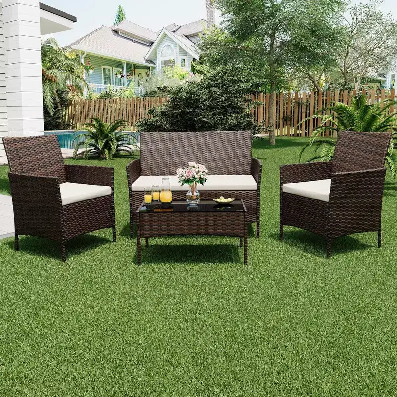 4 Piece Patio Furniture Set, Outdoor Deck Rattan Chair Wicker Combo Furniture, All Weather Dialogue Rattan Sofa with Upholstery and Glass Table