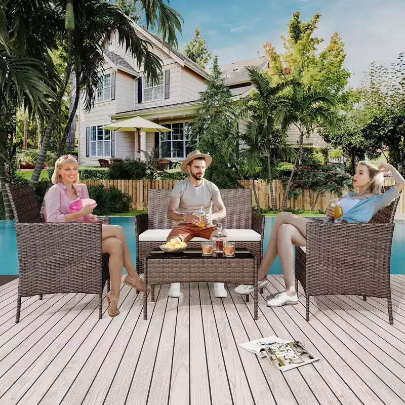 4 Piece Patio Furniture Set, Outdoor Deck Rattan Chair Wicker Combo Furniture, All Weather Dialogue Rattan Sofa with Upholstery and Glass Table