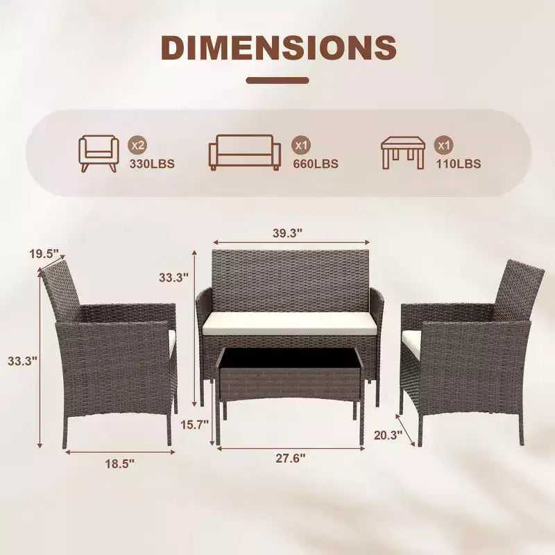 4 Piece Patio Furniture Set, Outdoor Deck Rattan Chair Wicker Combo Furniture, All Weather Dialogue Rattan Sofa with Upholstery and Glass Table