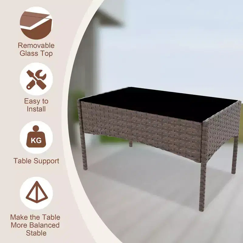 4 Piece Patio Furniture Set, Outdoor Deck Rattan Chair Wicker Combo Furniture, All Weather Dialogue Rattan Sofa with Upholstery and Glass Table
