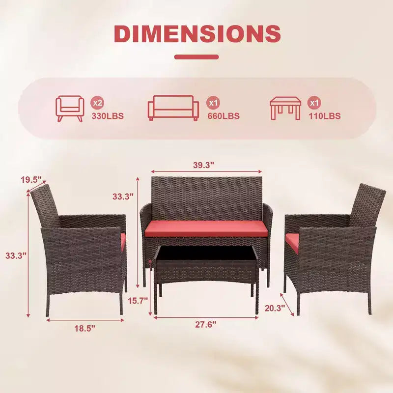 4 Piece Patio Furniture Set, Outdoor Deck Rattan Chair Wicker Combo Furniture, All Weather Dialogue Rattan Sofa with Upholstery and Glass Table