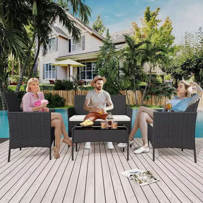 4 Piece Patio Furniture Set, Outdoor Deck Rattan Chair Wicker Combo Furniture, All Weather Dialogue Rattan Sofa with Upholstery and Glass Table