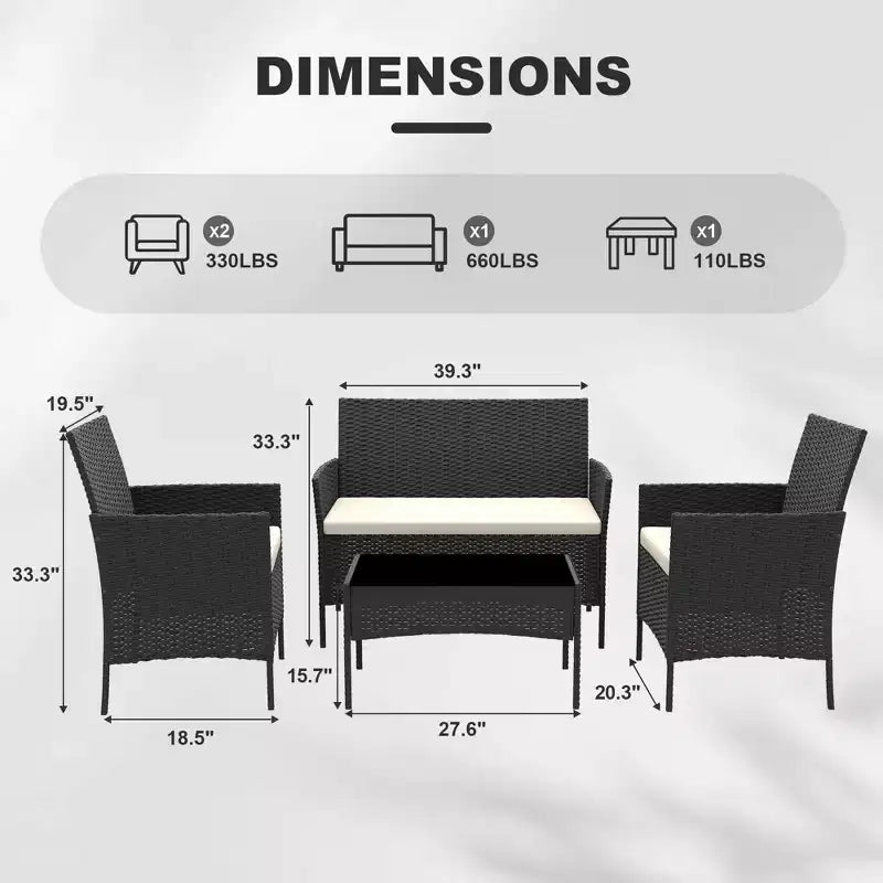 4 Piece Patio Furniture Set, Outdoor Deck Rattan Chair Wicker Combo Furniture, All Weather Dialogue Rattan Sofa with Upholstery and Glass Table