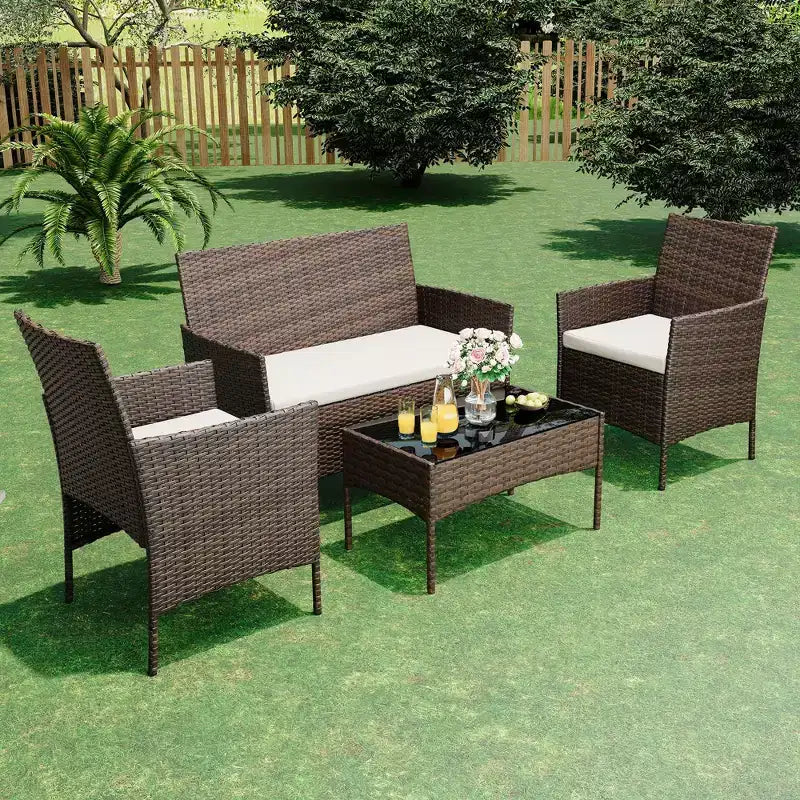 4 Piece Patio Furniture Set, Outdoor Deck Rattan Chair Wicker Combo Furniture, All Weather Dialogue Rattan Sofa with Upholstery and Glass Table