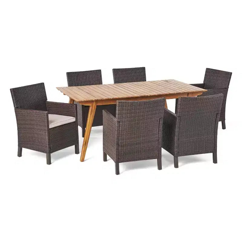 Ensemble de salle à manger 7 pièces Christopher Knight Home Otto en osier et bois d'acacia avec coussins