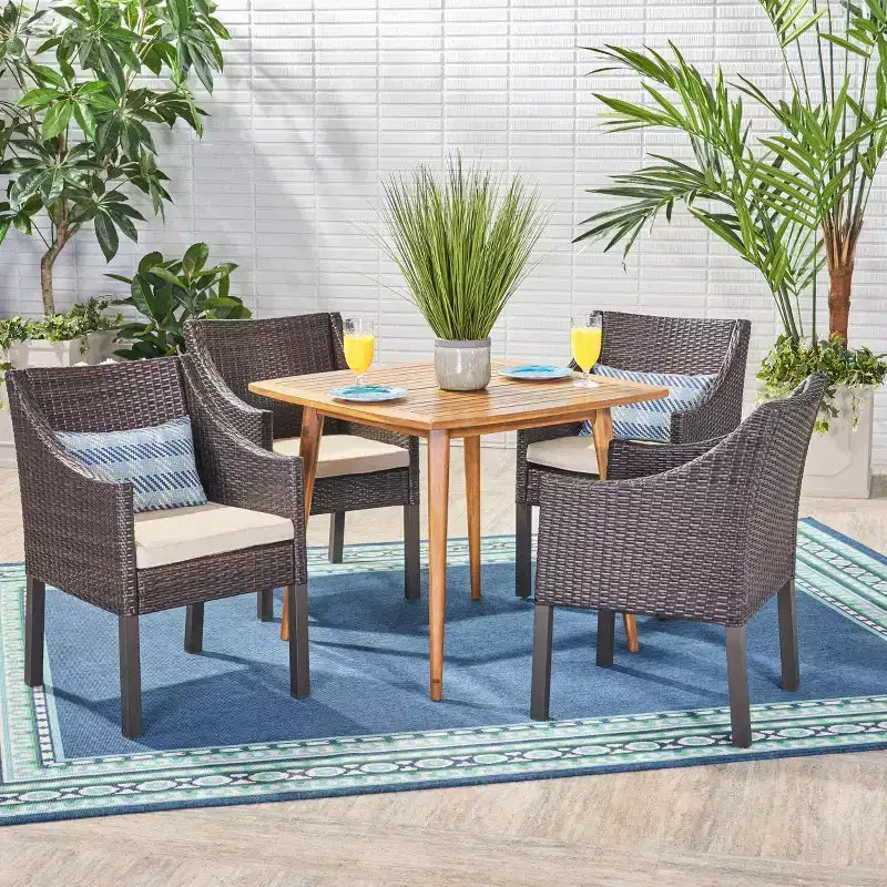 Christopher Knight Home Damas Outdoor Acacia Wood and Wicker 5 Piece Dining Set with Cushion