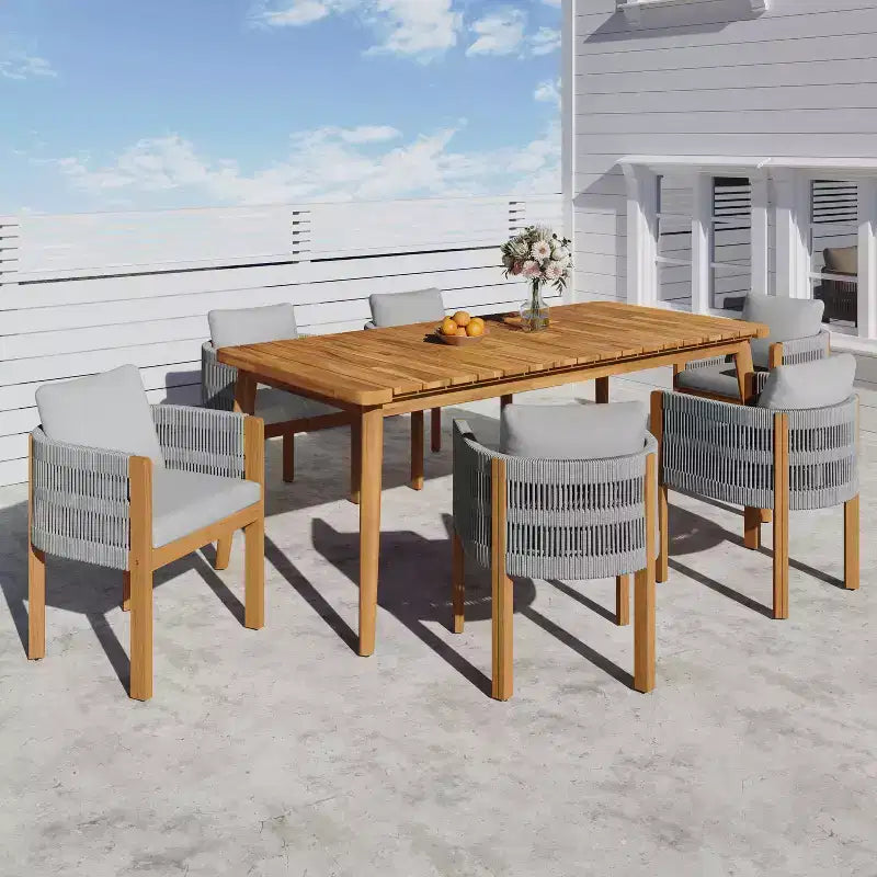 Christopher Knight Home Corin Rustic 7 Piece Outdoor Acacia Wood Woven Rope Dining Set with Slatted Table and Cushions