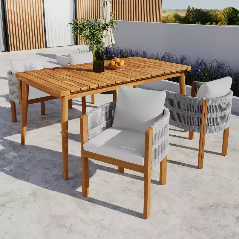 Christopher Knight Home Corin Elara 5 Piece Patio Acacia Wood Woven Rope Dining Set with Slatted Table and Cushions