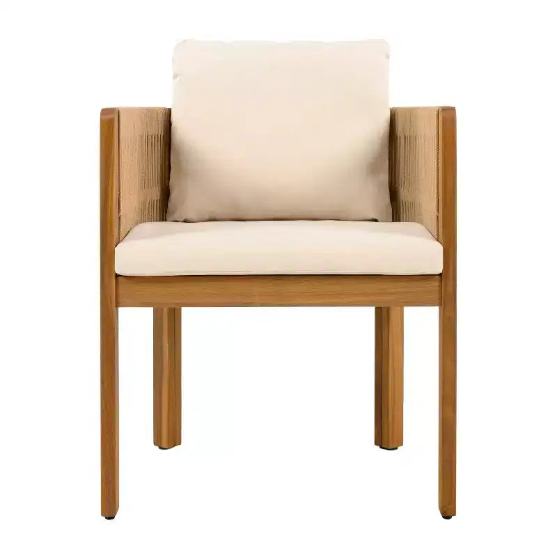 Christopher Knight Home Corin Elara 5 Piece Patio Acacia Wood Woven Rope Dining Set with Slatted Table and Cushions