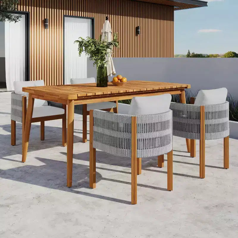 Christopher Knight Home Corin Elara 5 Piece Patio Acacia Wood Woven Rope Dining Set with Slatted Table and Cushions