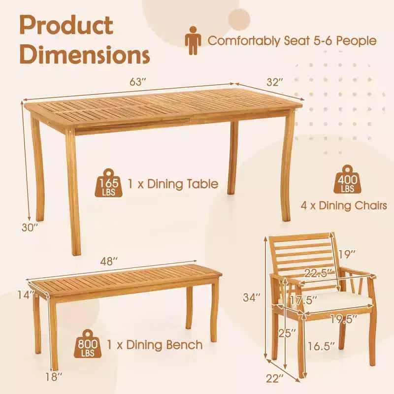 Costway 6PSCPatioDiningSet AcaciaWoodTableandBenchChairswith 1.97 Umbrella Hole