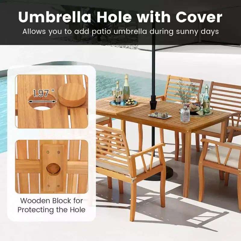 Costway 6PSCPatioDiningSet AcaciaWoodTableandBenchChairswith 1.97 Umbrella Hole