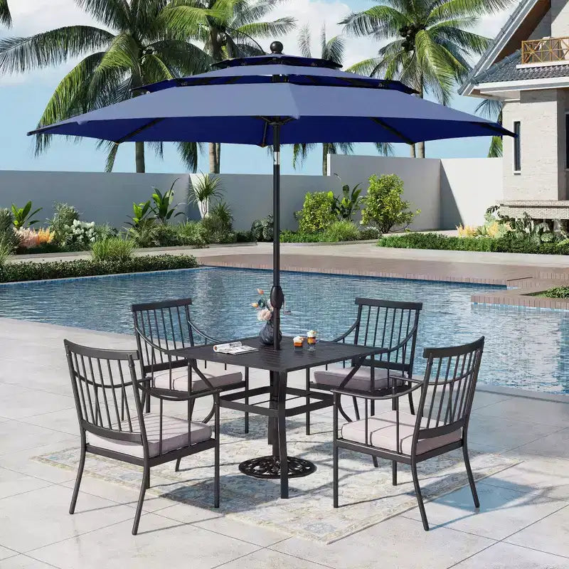 Captiva Designs 6pc Patio Square Table with Steel Frame & Stylish Cushioned Chairs &10ft Umbrella