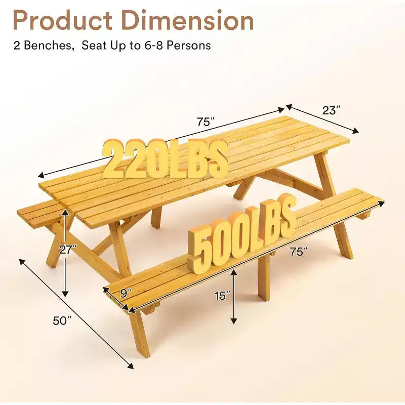 Zevemomo 8 Person Wood Picnic Table, Rectangle Tabletop with Umbrella Hole, 2 Built-in Long Benches, 2220LBS Total Capacity for Backyard, Light Wood
